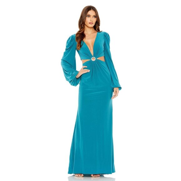 NWT Mac Duggal Jersey Puff Sleeve Cut Out Column Gown Ocean Blue 10 - Picture 1 of 8